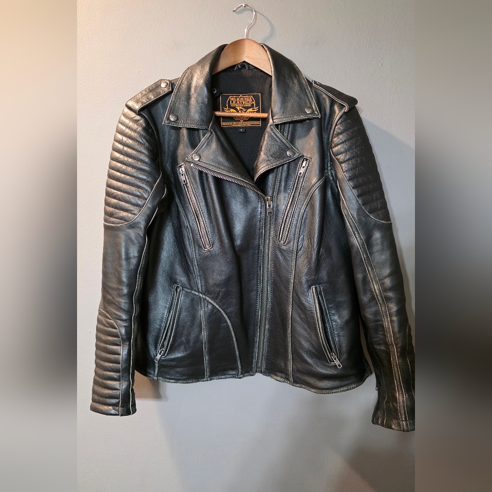 Milwaukee Leather Black Rub-Off Distressed Riding Jacket With Hoodie Womens L